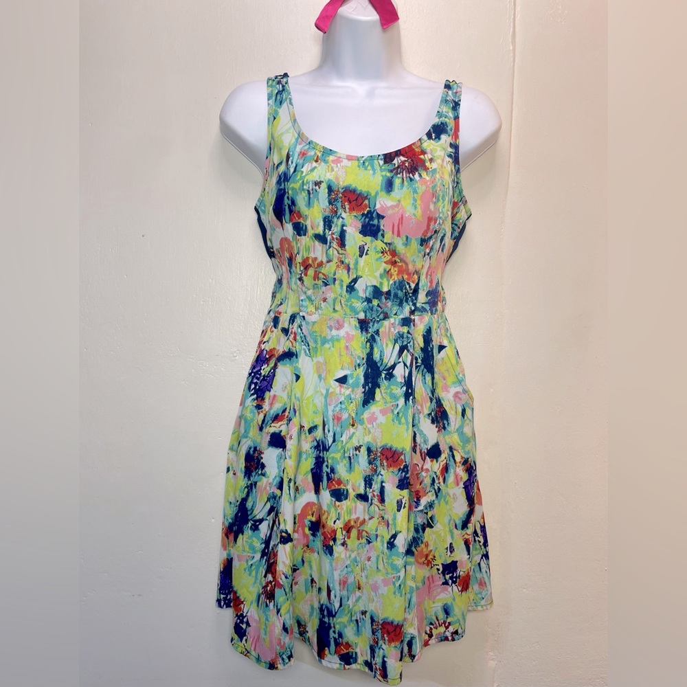 #0119 Band of Gypsies colorful summer sleeveless dress w/ navy sheer back -XS